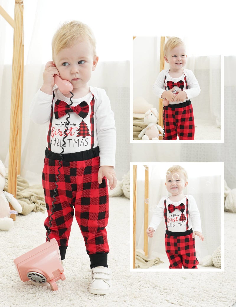 bilison Infant Baby Boy Christmas Outfit My First Christmas Gentleman Romper Red Plaid Pants with Hat Clothes Sets - Image 2
